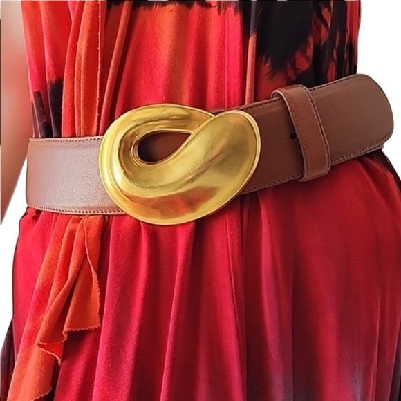 Vintage Accessories - VINTAGE ROBERT LEE MORRIS Leather Belt Gold Swirl Buckle Wearable Art Deco 80s